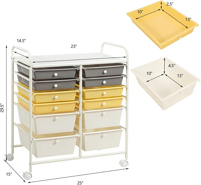 LDAILY 12 Drawer Rolling Storage Cart, Craft Cart Organizer on Wheels w/Metal Frame, Large Capacity & Smooth Drawer, Rolling Cart w/Drawers for Classroom, Office