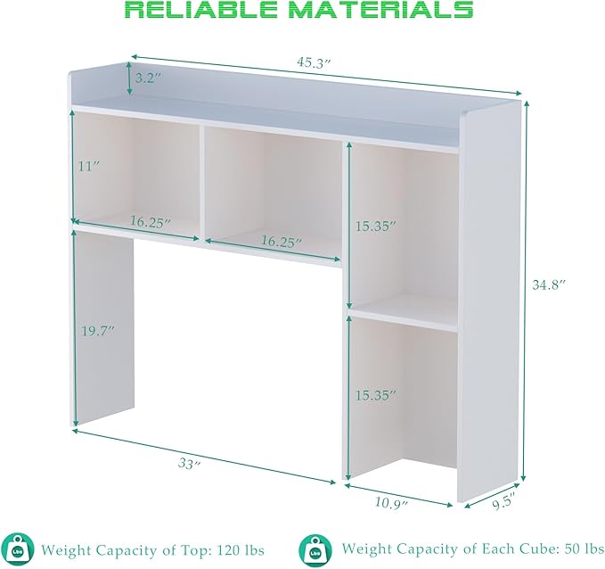 OSCHF Wooden Desktop Hutch Bookshelf - Free Standing Desk Storage Shelf with Top Edge for Computer Desk, Desktop Bookcase for Dorm, Home or Office, Countertop Organizer, White, 45.3"