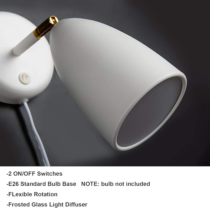 Ahaloye Set of 2 White Wall Sconce Finished Rotatable Simplicity Wall Mount Lighting Fixture for Bedroom Living Room,Plug-in or Hardwire