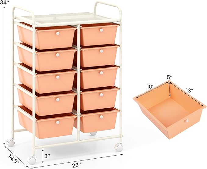 GLACER 10 Drawer Rolling Cart, Storage Cart with Lockable Whieels & Metal Frame, Trolley for Art Craft Oganizer, Mobile Utility Cart for Office, School, Classroom, Kitchen (Peach Fuzz)