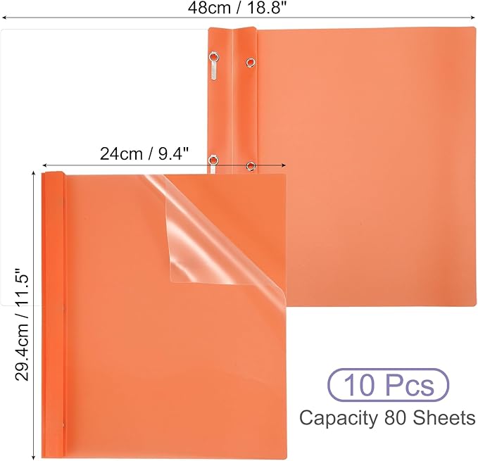PATIKIL Plastic Report Covers with Prong, 10 Pcs 80 Sheet Clear Front Presentation Binders with 3 Metal Prong Fasteners Report Folder for Resume Documents Files Letter, Orange