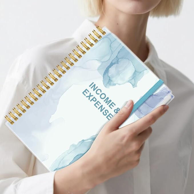 Heveboik Income & Expense Log Book - A5 Income and Expense Tracker for Small Business, Accounting Bookkeeping Tracking for Woman and Man, 5.8" x 8.3", Teal Watercolor