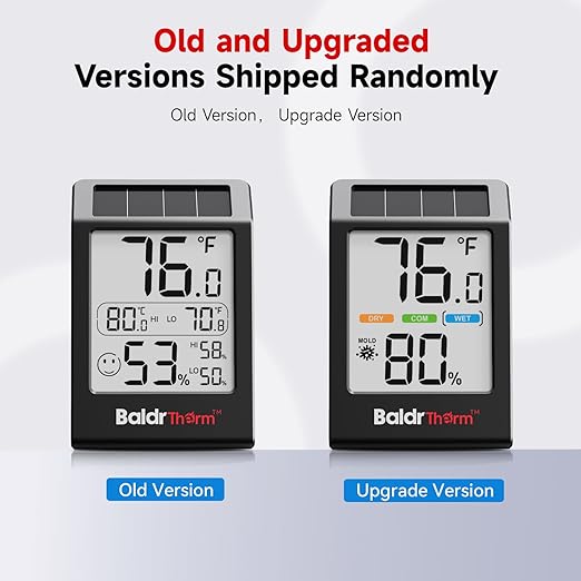 BaldrTherm Room Thermometer Indoor Humidity Meter, Solar-Powered 3.2'' Digital Temperature Sensor Monitor with 5-Comfort Indicator for Baby, Home, Office, Black, 1Pack