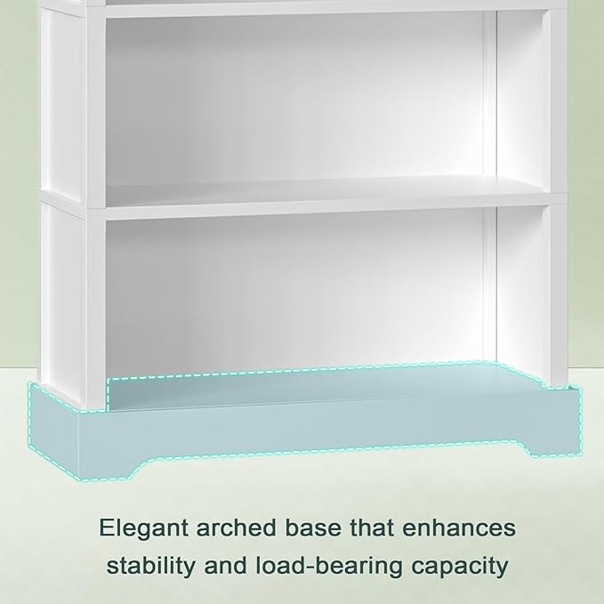 TVU 5-Tier Wooden Book shelf, 65"H × 31.5"W × 9.9“D Bookshelf with Storage, Floor-Standing Display Bookcase, Farmhouse Style Bookshelf with Arched Base, Suitable for Living Room, Study, Office, White