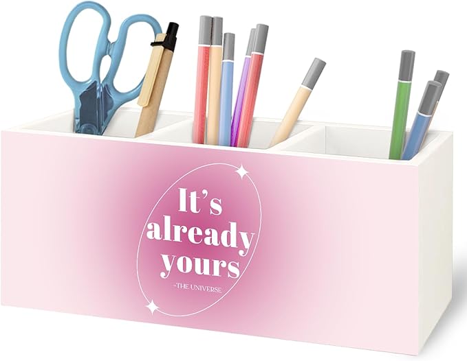 URLLUAE Preppy Pink Aura Inspirational Wooden Pen Pencil Holder for Office Desk Accessories, It's Already Yours the Universe Spiritual Positive Makeup Brush Toothbrush Holder Organizer