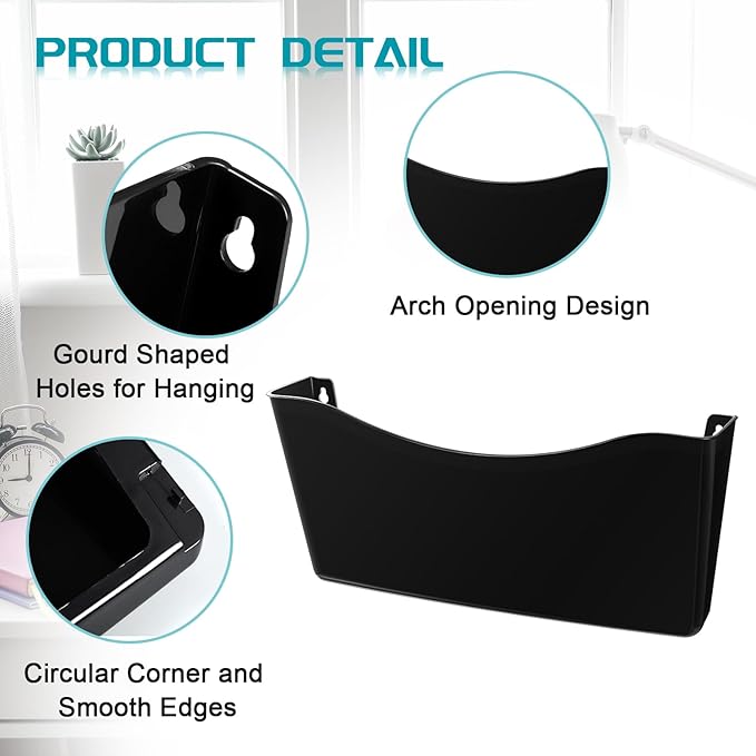 Colarr 6 Pcs Expandable Pocket Wall File Set Plastic Wall Mountable Space Saving Files Office Wall Organizer Wall Mount File Holder Wall Hanging File Organizer for Mail Magazine Letter (Black)