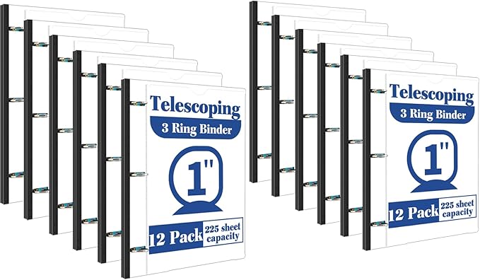 INFUN 1 Inch Telescoping 3 Ring Binder -12 PCS-White, Flexible Binders with Customizable Front Cover and Clear Catalog Pocket, 1Inch Rings, 225 Sheet Capacity