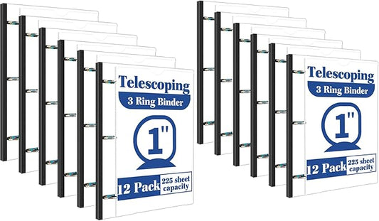 INFUN 1 Inch Telescoping 3 Ring Binder -12 PCS-White, Flexible Binders with Customizable Front Cover and Clear Catalog Pocket, 1Inch Rings, 225 Sheet Capacity