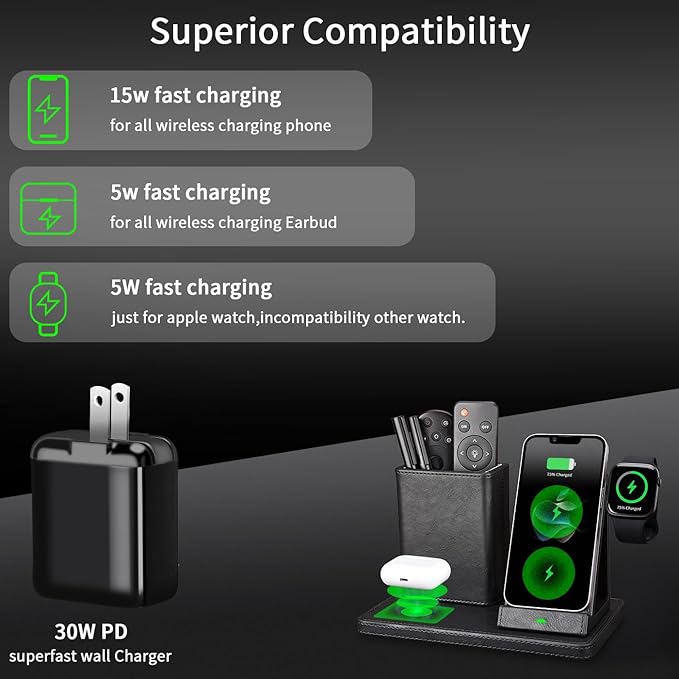 LADSTAG Office Supplies Desk Accessories,Pen Holder Remote Control Holder, Organizer with Phone Charger,Nightstand Desktop Organizer,Black Leather Desk Organizer With Charging Station (black)