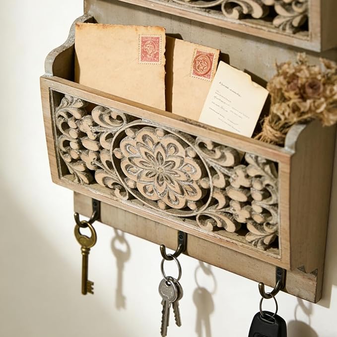 Chadechimo Rustic Key and Mail Holder for Wall Home Decorative,2-Slot Mail Organizer Wall Mount with 3 Hooks, Wooden Key Hangers Wall File Organizer Letter Sorter for Letter Magazines（Brown）