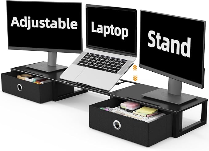 WESTREE Monitor Stand Riser with Adjustable Laptop Stand Riser, Steel Frame Dual Monitor Stand with Two Drawers for 2 Monitors, Desktop Oraganizer Stand for Computer,Laptop,Screen