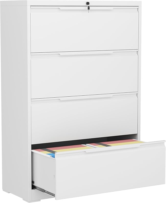 LONGLINK 4 Drawer Lateral File Cabinets with Lock,Metal Filing Cabinet for Home Office,Wide Office Storage Cabinet with Hanging Bars for A4 Legal/Letter Size(White-Easy Assembly)