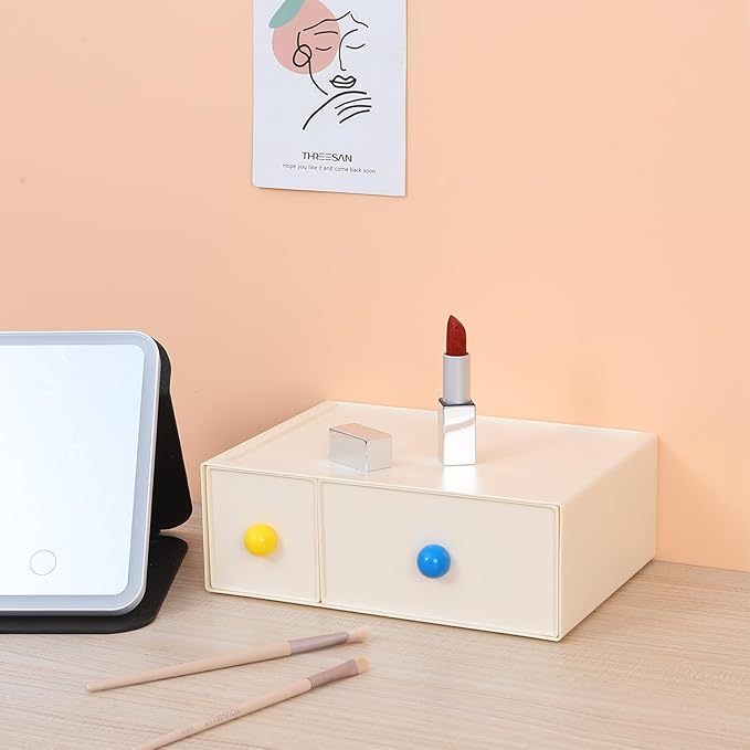 OSteed Desktop Drawers, Desk Organizer with 2 Drawers & Dopamine Handles, Stackable Plastic Storage Box for Home Collection, Cosmetics, Office Supplies (1 Tall Layer, Cream)
