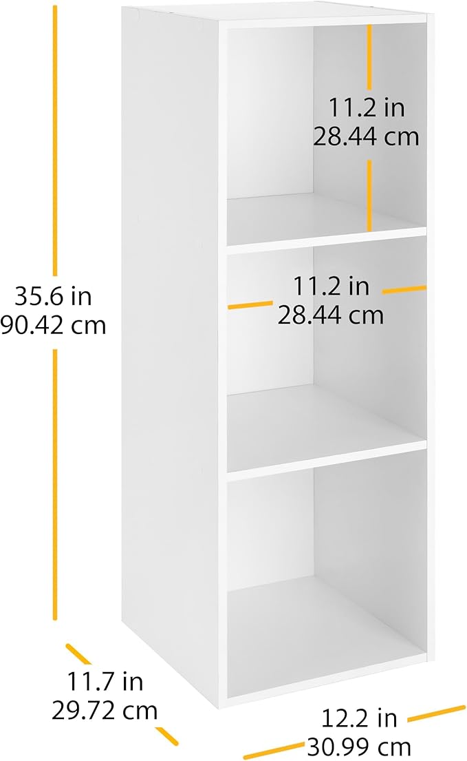 Whitmor 3 Cube Storage Organizer, 3 Tier Stackable MDF Wood Bookcase, Open Storage Display Bookshelf, Storage Cabinet for Living Room, Bedroom, Home, Office, 12.2" L x 11.7" W x 35.6" H, White