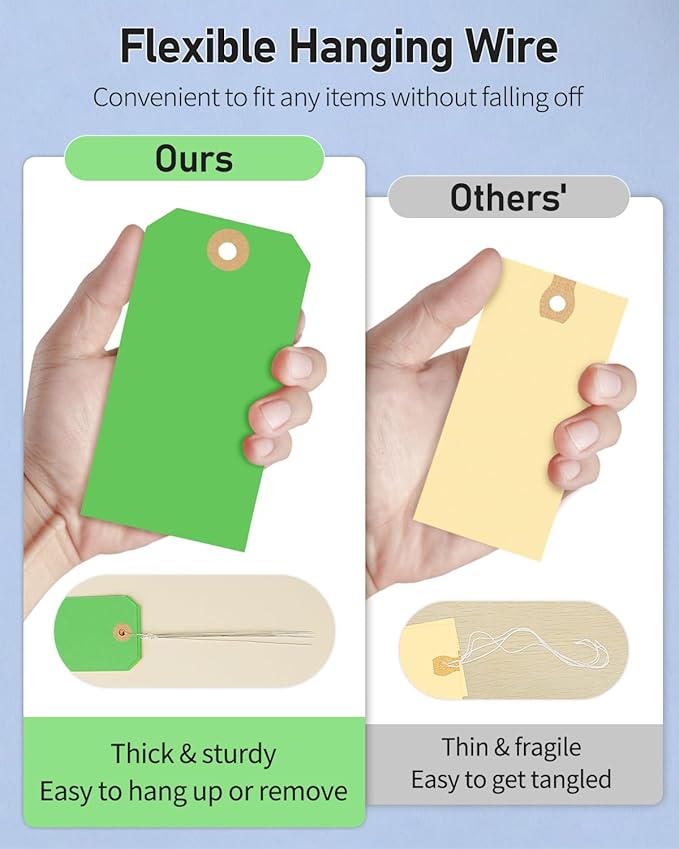 Uniclife 100 Pcs Green Blank Shipping Tags with Wire Attached 4.7 Inch Paper Tags Hang Tag with Reinforced Eyelet Large Marking Label Writable Price Inventory Label Tag, 4.7" x 2 3/8"