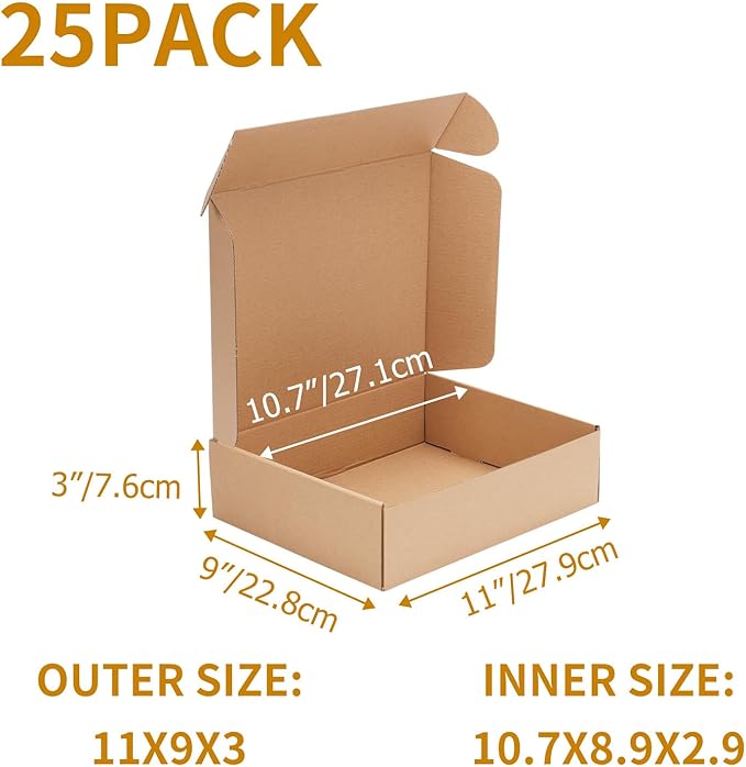 PHAREGE 11x9x3 inch Shipping Boxes Bulk 25 Pack Brown, Tab Lock Tuck Top Mailer Boxes for Packaging Small Business, Medium Cardboard Gift Boxes for Wrapping Mailing Present