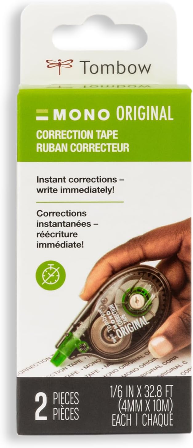 Tombow 68627 MONO Correction Tape, Non-refillable, White, 1/6" x 394", 2 Count (Pack of 1)