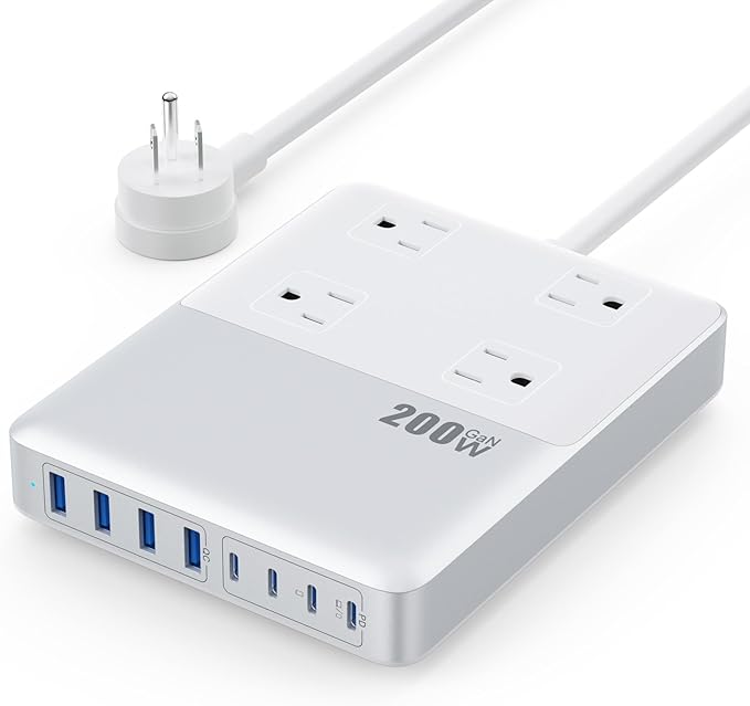 12-in-1 Charging Station USB C Power Strip with 5ft Cord,200W GaN IV USB C Charger Block,4 AC Outlets,8 USB for MacBook,iPhone 16/15/14,Fast Charging Desktop Charger for Office (A-White)