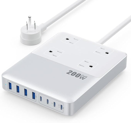 12-in-1 Charging Station USB C Power Strip with 5ft Cord,200W GaN IV USB C Charger Block,4 AC Outlets,8 USB for MacBook,iPhone 16/15/14,Fast Charging Desktop Charger for Office (A-White)