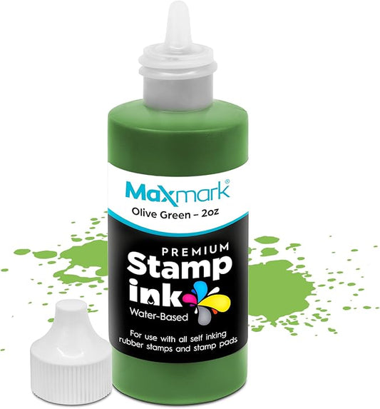 MaxMark Premium Refill Ink with Control Tip Bottle for Self-Inking Stamps, Olive Green Color - 2 oz.