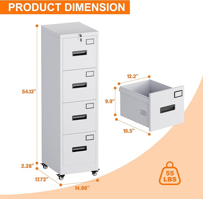 METAN 4 Drawer File Cabinet on Wheels, Lockable Metal Filing Cabinet with Handle and Name Card for Office Home,Assembly Required,White
