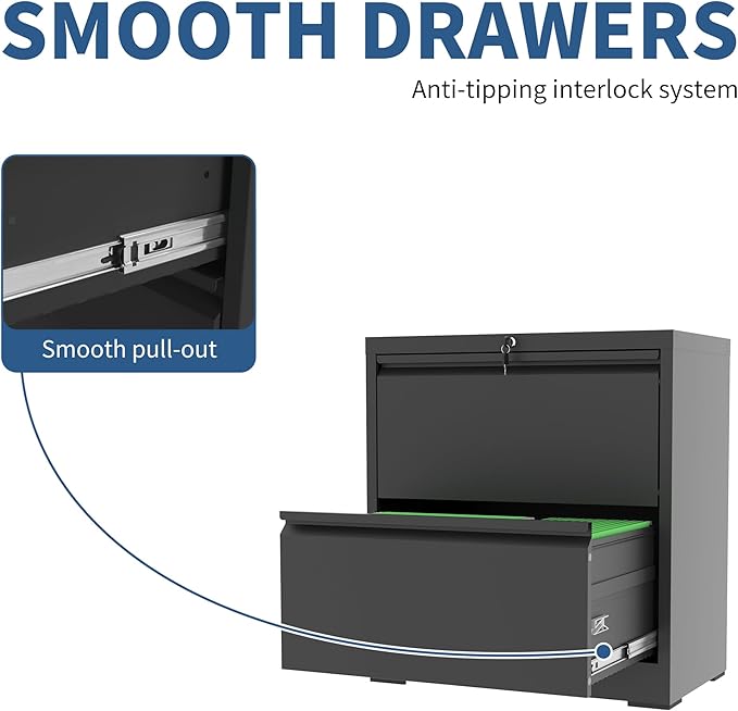 FLIXELIO 2-Drawer File Cabinet with Lock, Metal Lateral Filing Cabinets for Home Office, Heavy Duty Steel Horizontal Locking Office Storage Cabinet for Legal/Letter/A4 Size File, Assembly Required