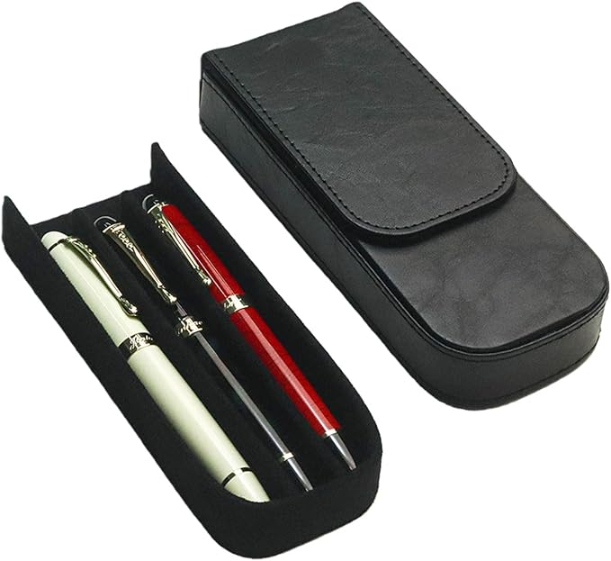 MIVLXLX Leather Triple Pen Case Pencil Pouch Holder for Three Fountain Ballpoint Rollerball Pens and Pencils Gift Choice for Man/Woman/Office (Black)