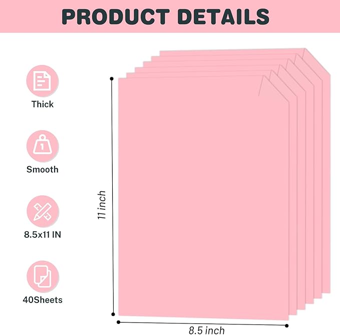 Cardstock 8.5 X 11, 40 Sheets, Pink Card Stock, 75lb/ 200gsm Copy Paper, Cardstock Printer Paper For Art, Drawing, Invitations, DIY Cards, Craft, Construction, School & Office Supplies