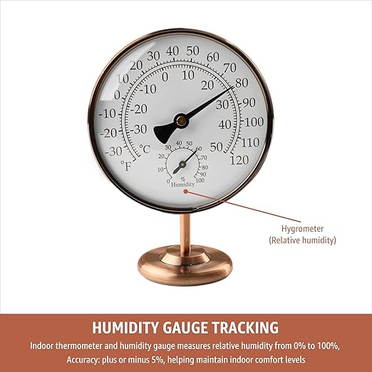 Foxyoo 4-Inch Indoor Thermometer and Humidity Gauge, Room Analog Temperature and Humidity Monitor, Dual Scale Display, Brass Dial with Stand, Battery-Free for House, Home, Desk, Bedroom, Garage, RV