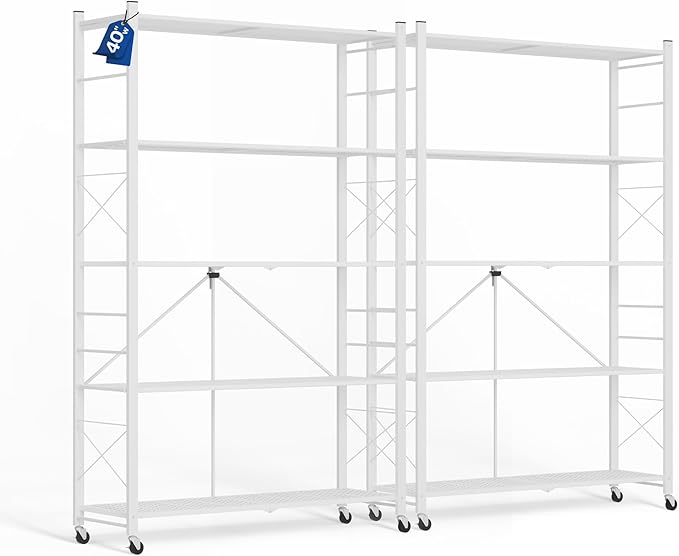 ALANNG 40" W Foldable 5-Tier Storage Shelves with Wheels, Adjustable & Removable Metal Rack, Heavy Duty Rolling Organizer for Kitchen, Garage, Closet, Pantry, and Office (White,2 Pack)