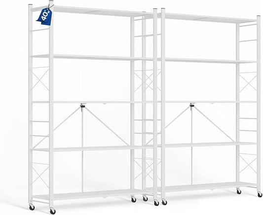 ALANNG 40" W Foldable 5-Tier Storage Shelves with Wheels, Adjustable & Removable Metal Rack, Heavy Duty Rolling Organizer for Kitchen, Garage, Closet, Pantry, and Office (White,2 Pack)