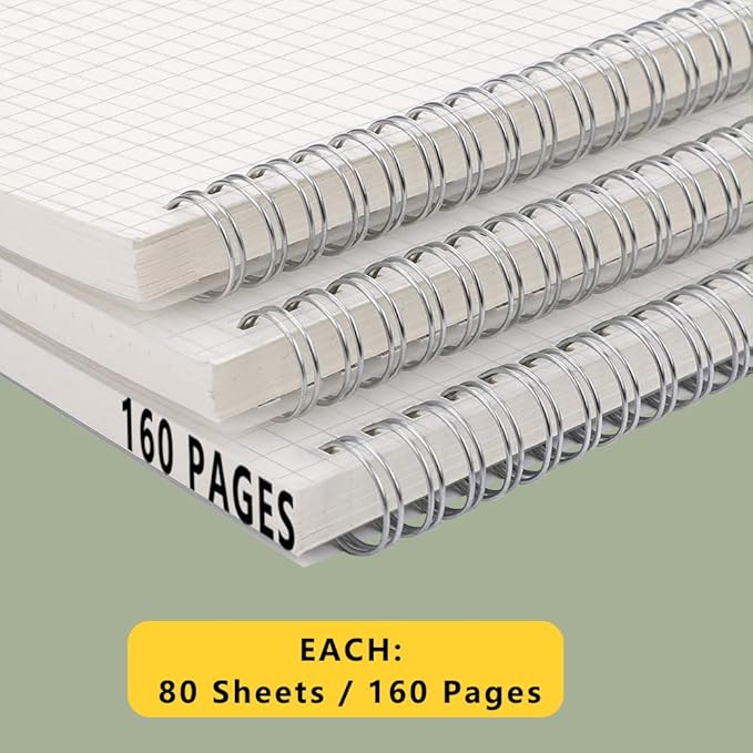 120 GSM Thick Paper Graph Spiral Notebooks 8.5" × 11" with Removable Elastic Band and Transparent Hard Cover, 2PCS Large Size Grid Notepads 160 Pages per Pack for Students, Engineers (2 Pack, A4)