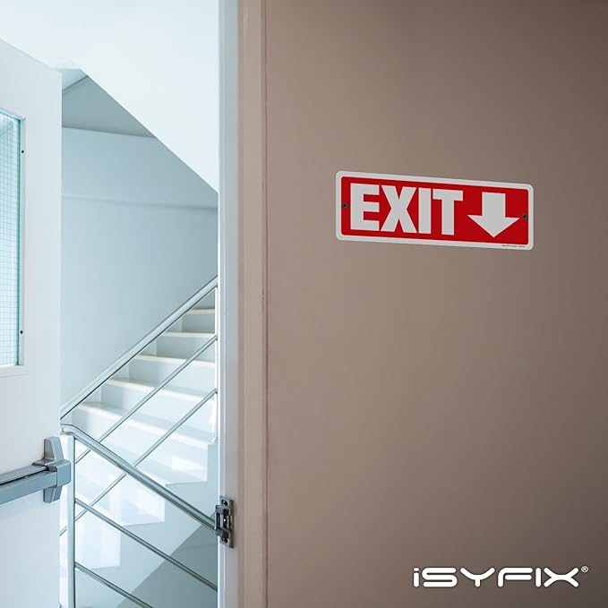 iSYFIX Exit Signs 2 Pack 12x4 Inch with Directional Down Arrows - Rust Free Aluminum, Laminated for UV, Weather, Scratch Resistance - Ideal for Offices, Schools, Theaters, Restaurants