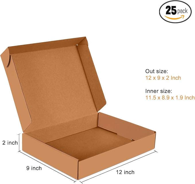 JOWLOT 12x9x2 inch Small Shipping Boxes Set of 25, Brown Corrugated Cardboard Box Literature Mailer for Mailing Packing Moving and Storage