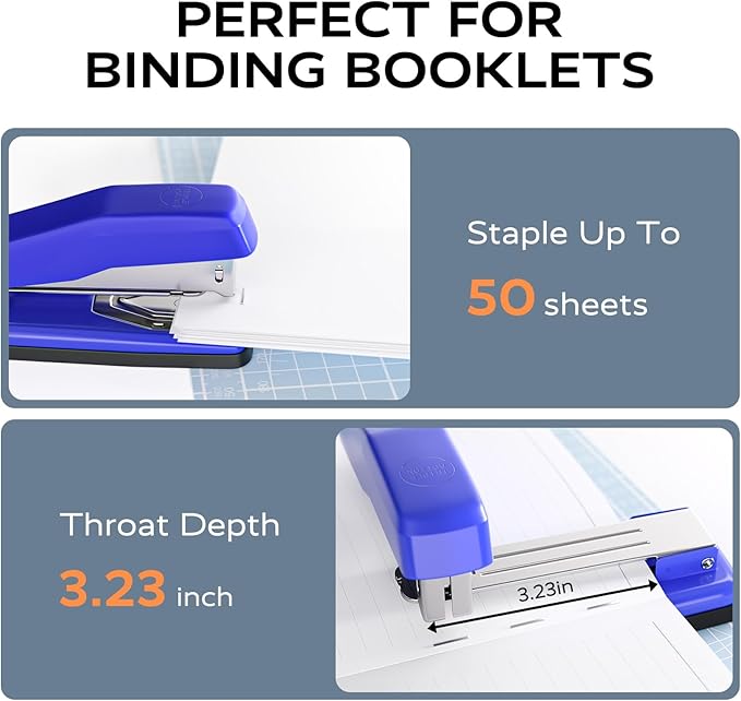 Marsrock Desktop Stapler, Swing-Arm Swivel Stapler, 50 Sheet Capacity, 2000 Staples and Staple Remover, Rotatable Heavy Duty Staplers for Office, Home, Classroom, Booklet, Book Binding, Blue