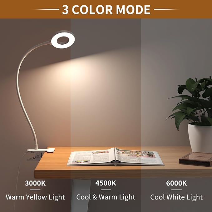 iZELL Reading Light, USB Clamp Lamp for Child Reading Book in Bed at Night, LED Small Desk Lamp with Silicone Adjustable Arm Clip on Beside Table for Studying Working Drafting Sewing - 15.8‘’ White