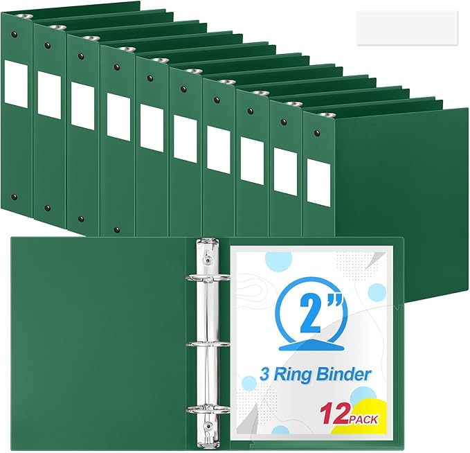 Henoyso 12 Pcs 3 Ring Binder 2 Inch Round Fits Letter Size 8.5'' x 11'' Paper Plastic Flexible Binder Bulk Holds 490 Sheets with 1 Pockets Versatile Organizer for Home Office School (Dark Green)