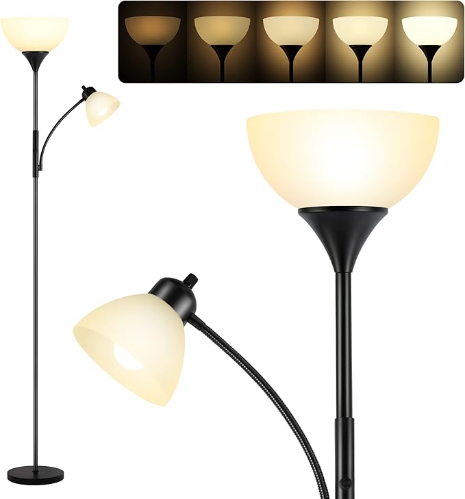 RISLG Floor Lamp, Dimmable Standing lamp, Stepless Dimming Brightness, Included 9W and 5W LED Bulbs, Industrial Floor Lamp for Living Room, Bedroom, Office, Reading