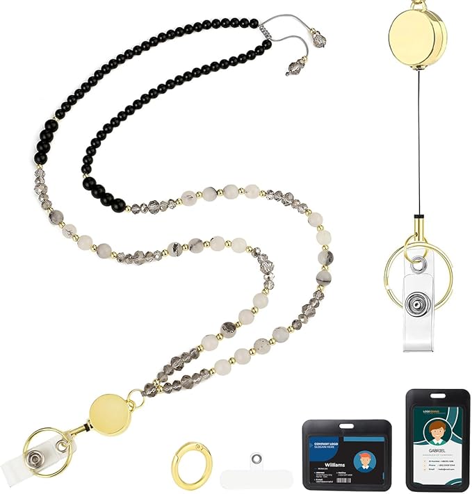 AIDSOTOU Lanyards for ID Badges and Keys,Natural Stone Beaded Teacher Lanyard for Women,Retractable Lanyard with ID Holder Cute Lanyards for Teachers (Black)