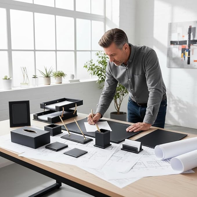 RitPin Desk Set, 11-Piece All-in-One – Executive Desk Accessories & Office Supplies, Leather Desk Organizer with Desk Pad & Blotter, 2-Tier Letter Tray, Luxury Office Desk Decor & Boss Gifts (Black)