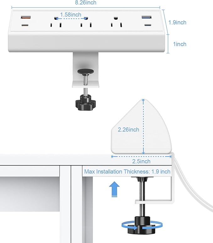 Desk Clamp Power Strip,40W Fast Charging Station,Desktop Mount Surge Protector,2 PD 20W USB C Ports,3 Outlets for Home,Office,Fit 1.9" Tabletop Edge (White, 3 Outlets & 4 USB Ports & 25 FT Cable)