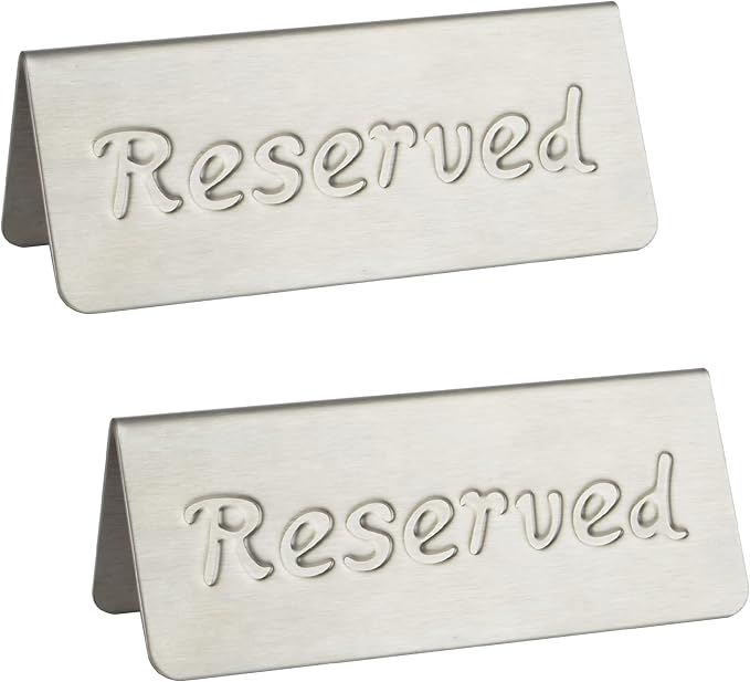 2 Pack Small Reserved Table Signs for Restaurants,Dinner Parties,Banquets,Events - Stainless Steel Table Tent Place Signs - 10 Year’s Use - Etched Design - Double Sided View - 4.7 x 1.9 In - (Sliver)