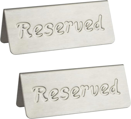 2 Pack Small Reserved Table Signs for Restaurants,Dinner Parties,Banquets,Events - Stainless Steel Table Tent Place Signs - 10 Year’s Use - Etched Design - Double Sided View - 4.7 x 1.9 In - (Sliver)