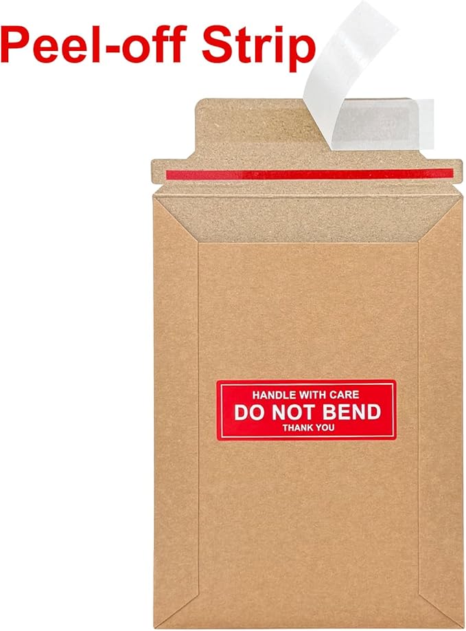 Neehows 100 Pack 5x6.9" Rigid Mailers Cardboard Envelopes, 400GSM Kraft Photo Mailers Shipping Envelope with "DO NOT BEND" Labels, Small Stay Flat Self Seal Document Envelope for Trading Cards- Brown