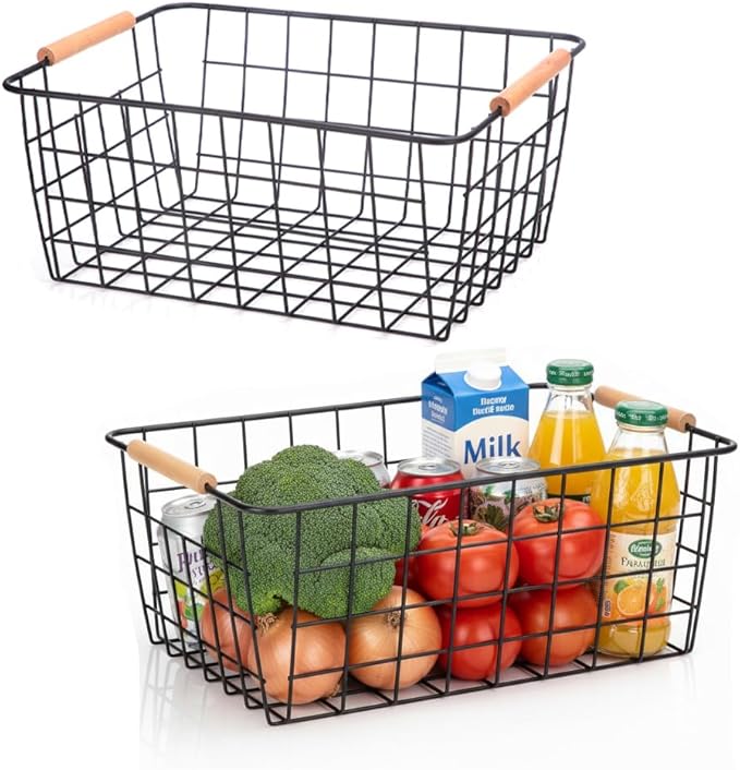 HDYOUDO Metal Black Wire Basket,Food Storage Organizer with Wooden Handles, pantry organizers and storage for Kitchen shelf Cabinets potato onion, 2 Packs