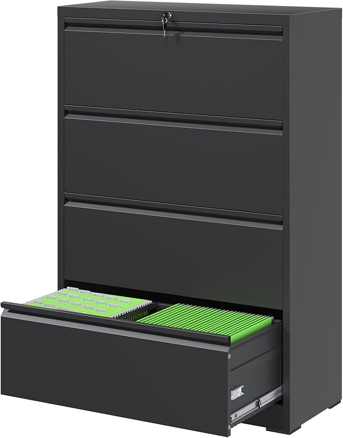 FLIXELIO File Cabinets 4 Drawer,Metal Office Storage Filing Cabinet with Lock,Black Lateral Filing Cabinet for Home Office,Horizontal Locking File Cabinet for Legal/Letter/A4 Files,Assembly Required
