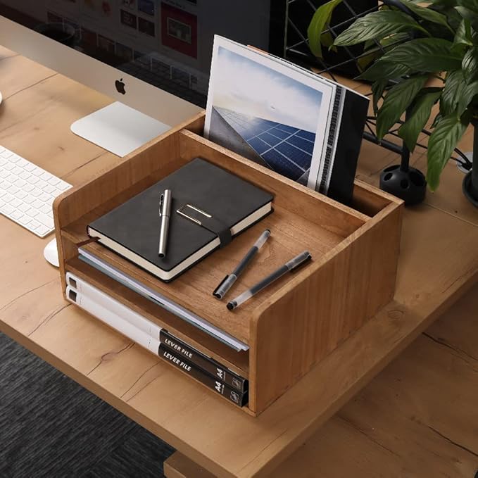 DDYURI 3 Tier Desktop Letter Tray for Office Desk Organizer and Accessories - Wood File Folder Holder for Paper Document Organizer Mail Sorter Workspace Counter Storage Book Shelf Light WJJ3K-LT