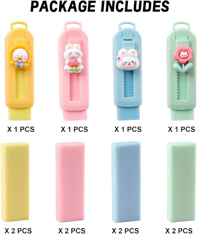 BetterJonny Sliding Retractable Eraser, 4 Color Push Pull Erasers and 8 Refills, Animal Erasers for Pencils Drawing(C)