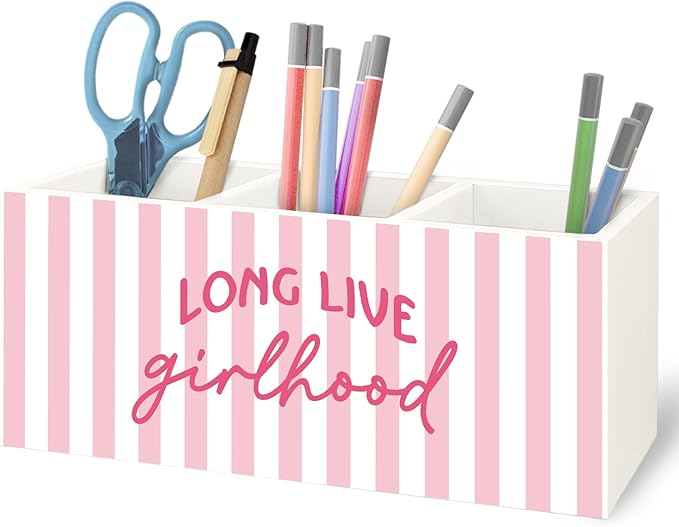 URLLUAE Pink Preppy Long Live Girlhood Wooden Pen Pencil Holder for Desk Accessories, Preppy Girly Desk Decor, Feminine Aesthetic Makeup Brush Toothbrush Holder Organizer for Girls Room Bathroom