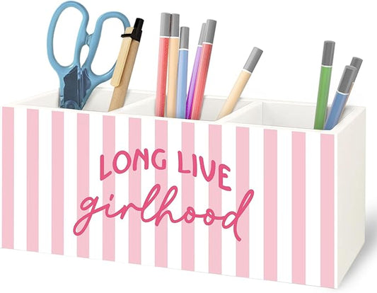 URLLUAE Pink Preppy Long Live Girlhood Wooden Pen Pencil Holder for Desk Accessories, Preppy Girly Desk Decor, Feminine Aesthetic Makeup Brush Toothbrush Holder Organizer for Girls Room Bathroom